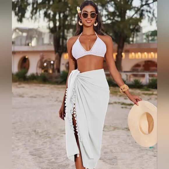 New Elegant White Halter Saronge Fringe Tassel Swimsuit Cover-Up - Picture 3 of 11